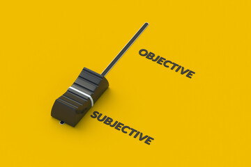 Objective and subjective words near slider. Judgement concept. Analysis of the established opinion. Quality of evidence. Opposited facts. 3d render