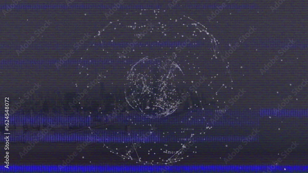 Poster point cluster forming wireframe sphere rotating while glitch band sweeping hues and noise flaring