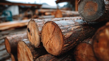 Pile of cut logs in a sawmill yard under an overcast sky. Great for forestry, lumber industry, or sustainable resources concepts.