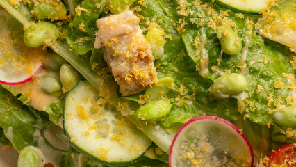 Citrusy zest adorns verdant salad, edamame whispers spring rebirth, Beltane feast, kaleidoscopic...