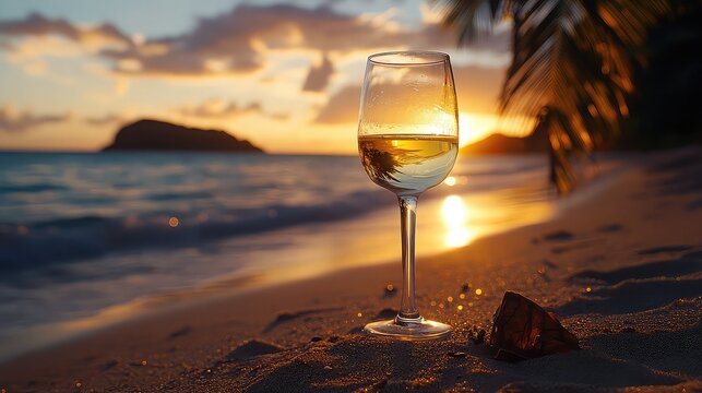 A glass of white wine sits on beach sand at sunset, offering a relaxing moment by the tropical shore. - Powered by Adobe