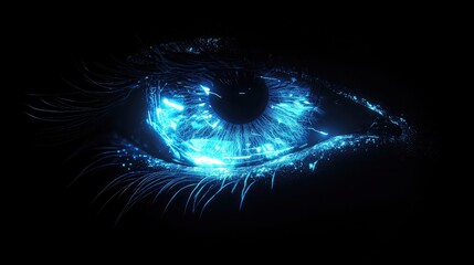 A glowing blue human eye with intricate futuristic details, symbolizing technology and innovation.  