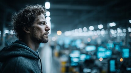 Focused Man in Hoodie Standing Inside Modern Industrial Factory with Rows of Computer Screens and Machines
