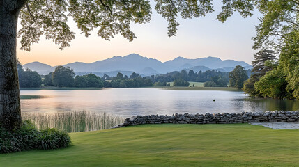 Fototapeta premium Tranquil lake sunrise landscape with mountain views