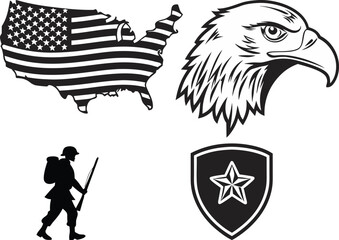 Veterans Day Patriotic Symbol Set Black Silhouette. Patriotic Symbol Set for Veterans Day Black Silhouette. Veterans Day Silhouette Patriotic Symbol Collection. Black Silhouette Veterans Day Patriotic