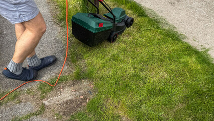 Manicured lawn whispers as a cable-tugging gardener, Caucasian male, curates mossy pathways; celebrate Greenery Day or Arbor Day