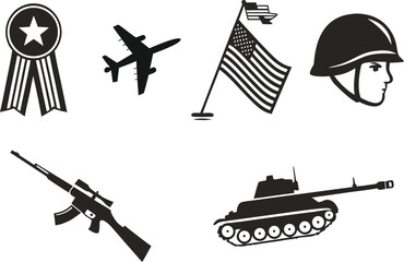 Veterans Day Patriotic Symbol Set Black Silhouette. Patriotic Symbol Set for Veterans Day Black Silhouette. Veterans Day Silhouette Patriotic Symbol Collection. Black Silhouette Veterans Day Patriotic