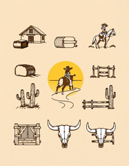 Illustration of western elements including a barn, hay bales, rider, cactus, and bull skulls