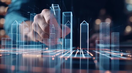 An architect brings architectural designs to life with 3D holographic construction models. The concept of innovation in architecture and futuristic design. Generative Ai. - Powered by Adobe