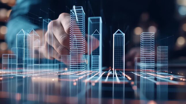 An architect brings architectural designs to life with 3D holographic construction models. The concept of innovation in architecture and futuristic design. Generative Ai. - Powered by Adobe