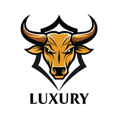 Golden bull head with a shieldlike frame and the word luxury below, isolated on white background