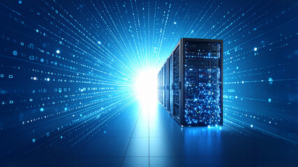 Single server rack in a futuristic blue environment, surrounded by a dynamic stream of binary code and glowing particles, representing data flow and processing.