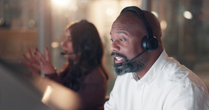 Telemarketing, agent and man with headset, call center or consultation for sales, talking and night. Working late, coworkers and people with tech for communication, representative and lead generation