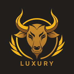 Golden bull head with laurel wreath and circle, with the word luxury below, on a black background