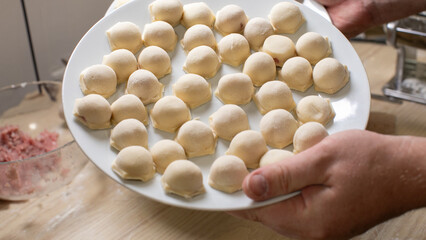 Universal dumpling perfection on white platter, handmade culinary art for winter solstice festivity, hands cradling savory delights