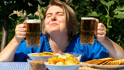 A sunlit celebration with a joyous Caucasian woman, reveling in Oktoberfests earthy brews and...