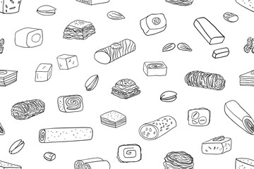 Seamless pattern of Turkish dessert. Lokum, pistachio baklava, turkish delight, kadaif, kadayif, sarma. Traditional Turkish cuisine. Food. Sweets. Nuts