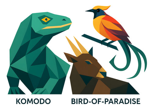 Vector Illustration of Indonesian Wildlife &ndash; Anoa, Bird of Paradise, and Komodo Dragon