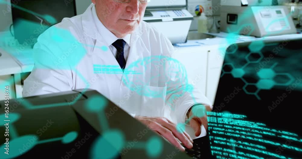 Poster senior scientist typing on keyboard showing digital code graphics swirling adjusting glasses in lab