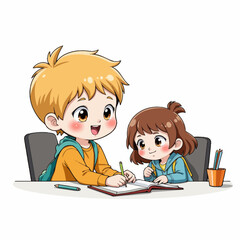 Two children studying together at a desk with notebooks and pencils  