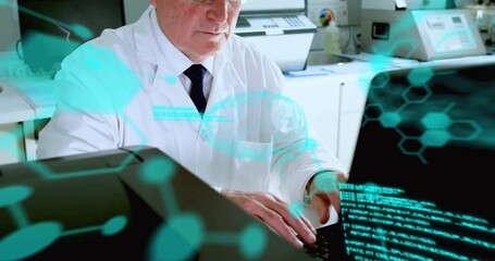 Senior scientist typing on keyboard showing digital code graphics swirling adjusting glasses in lab - Powered by Adobe