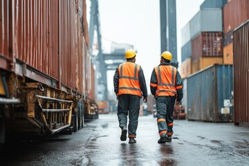 Two workers in safety gear walking in a container yard at an industrial port.