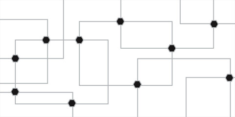 Technology network circuit board system connect dots and lines background template.. Dark 3d geometric texture illustration. Black Hexagonal Pattern Metallic background.