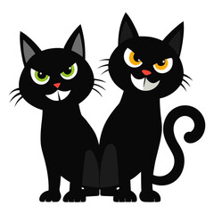 Playful yet serious twin black cats in clean cartoon vector style with curved strokes