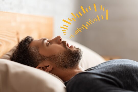 Man sleeping with mouth open and snoring sound graphic above.