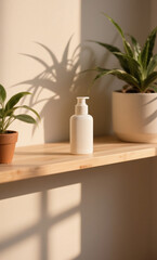 Fototapeta premium Minimalist white pump bottle on a wooden shelf with houseplants and warm, natural sunlight casting shadows. A serene concept for beauty and skincare.
