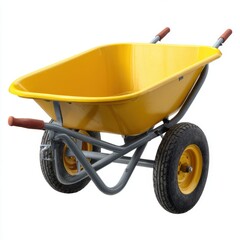 Bright yellow garden wheelbarrow with two wheels and sturdy frame