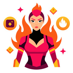 Vibrant female gamer warrior with flame sleeves and digital spark effects