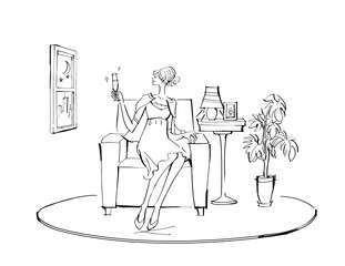 Woman sitting on sofa in living room drinking champagne