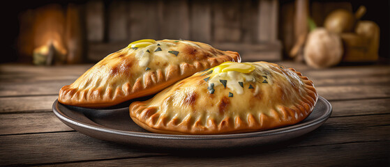 Golden Empanadas: Two delectable empanadas sit elegantly on a plate, their golden, crispy crusts offering a tantalizing glimpse into the culinary excellence within.