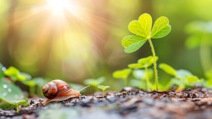 Macro of little snail on soil and green shamrock leaf in sun ray an natural of forest