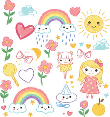 Whimsical collection of hand-drawn children's illustrations with rainbows, sun, clouds, flowers, and girls