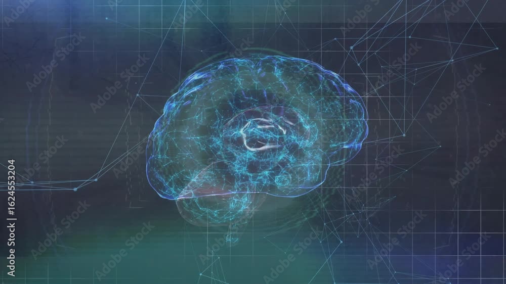 Aufkleber activating grid triggers holographic brain rotating amid electric arcs to visualize neural network