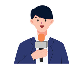 Male reporter or journalist holding microphone to report news on television and live. Character design and illustration