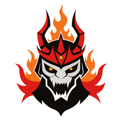 Demonic warrior mask with fire, dragon-crested armor, and intense facial detailing