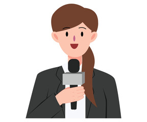 Female reporter or journalist holding microphone to report news on television and live. Character design and illustration