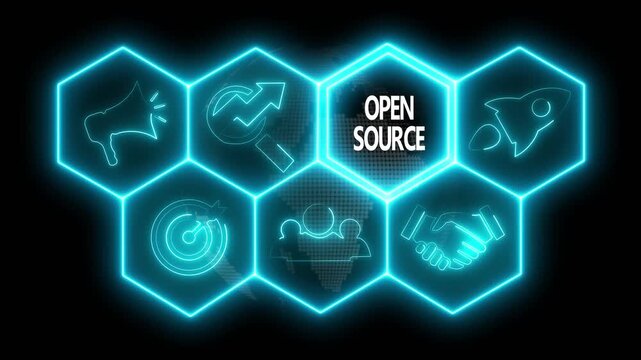 Business open source concept animated on abstract technology background with rotating world map icon. Business, Technology, Internet and networking concept.