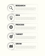 Clean and modern vector infographic design business template with icons and 5 steps or options. Ideal for presentations, workflow layouts, business process diagrams, banners, flowcharts, timelines
