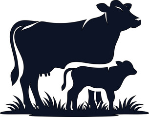 Flat silhouette of cow and calf pair on white background. Ideal for farm logos, rural scenes, agriculture ads, and livestock designs.

