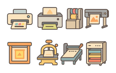 Colorful Printing Equipment. Flat vector mini-illustrations Printing machines and equipment in colors children