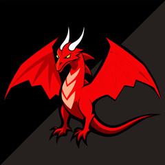 Fierce Red Dragon with Glowing Eyes in Angled Stance on Black Vector