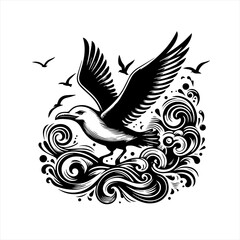 Vector art of seagull flying over stylized waves