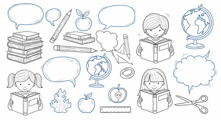 Charming doodle elements featuring children reading books, globes, apples, and school supplies for educational themes
