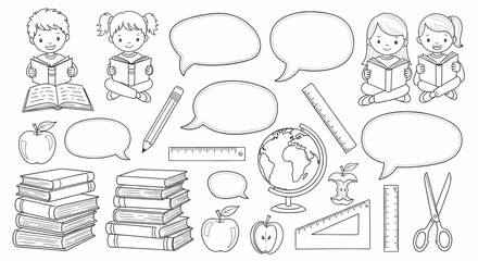 Joyful students learn and read books with school supplies and speech bubbles for education concepts