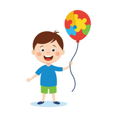 Happy child holding a balloon with autism puzzle pieces, isolated on white background