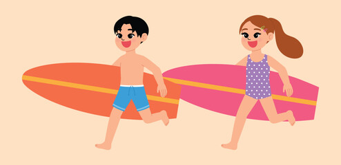 happy children with surfboard, outdoor sport activity, boy and girl on the beach for summer vacation, young people with outdoor activity illustration